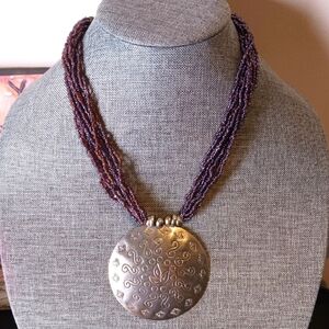 Boho Glass Seed Beaded Necklace w/ Silvertone Medallion - Pre-loved (16"-19")